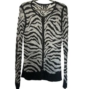 ANNE KLEIN Size Large Gray Black Lambswool Cardigan Sweater Thin Zebra Print‎